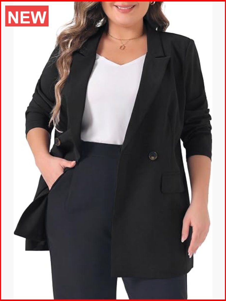 Plus Size Blazer Lapel Button Pocket Long Sleeve Work Jacket